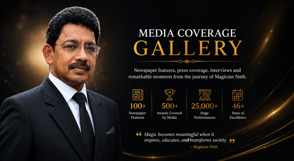 Media coverage gallery featuring Magician Nath's awareness programs, newspaper articles, awards, and stage performances across Kerala.
