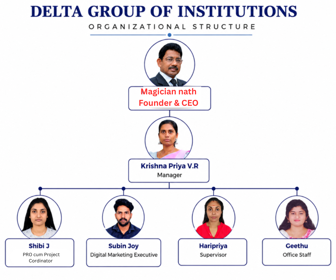 Organizational hierarchy chart of Delta Group of Institutions showing leadership and management structure.
